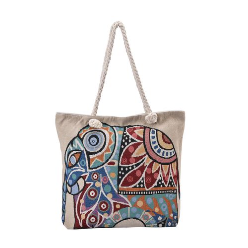 Jacquard gewebte Jute-Tasche mit Mond Design, 42x34 cm, Elefant image number 0