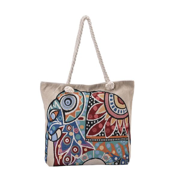 Jacquard gewebte Jute-Tasche mit Mond Design, 42x34 cm, Elefant