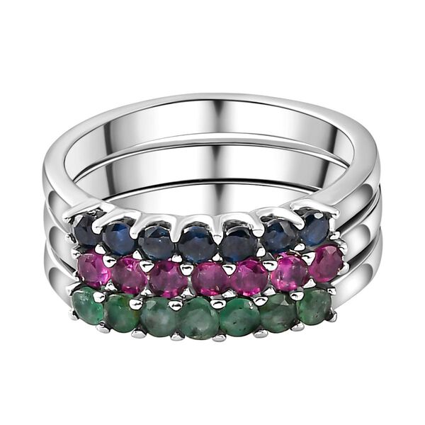 3er Set - Kanchanaburi blauer Saphir, Socoto Smaragd und afrikanischer Rubin-Half-Eternity-Ring in Silberton, 1,02 ct