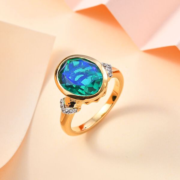 Pfau Quarz Triplette, Wei&szlig;er Zirkon Ring 925 Silber 750 Gelbgold Vermeil (Gr&ouml;&szlig;e 16.00) ca. 5,41 ct image number 2