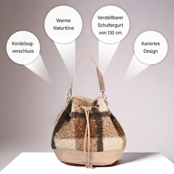 Beuteltasche aus Teddyfell, Karomuster, beige image number 2