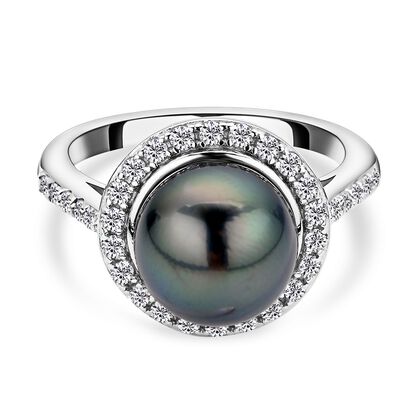 Tahiti-Zuchtperle und weißer Zirkon-Ring, (10-11 mm), 925 Silber rhodiniert (Größe 16.00) ca. 0,74 ct
