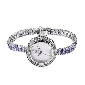 EON 1962 Schweizer Uhrwerk - Tansanit und wei&szlig;e Zirkon Uhr, 19 cm, 925 Silber platiniert ca. 15.12 ct