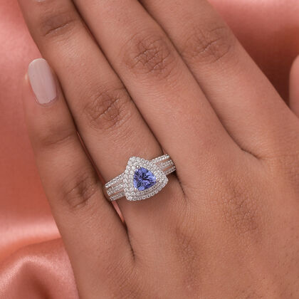 Tansanit und Zirkon-Ring, 925 Silber platiniert (Gr&ouml;&szlig;e 20.00) ca. 1.42 ct