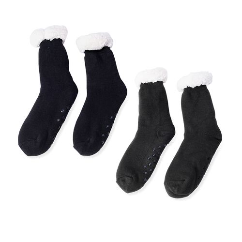 2er-Set - Rutschfeste Haussocken mit Sherpafutter, Einheitsgröße, Schwarz und Weiß  image number 0