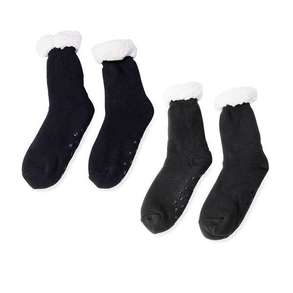 2er-Set - Rutschfeste Haussocken mit Sherpafutter, Einheitsgröße, Schwarz und Weiß  image number 0