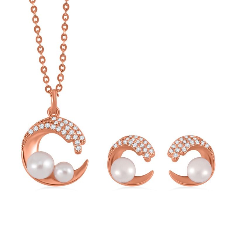2er-Set - Weiße Süßwasserperlen Halskette und Ohrringe in rosévergoldetem 925er Silber - 3,64 ct. image number 0
