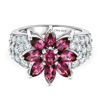 D'Joy - Imperiale Bl&uuml;tenkrone Design AA Nat&uuml;rlicher Rhodolith Granat Ring 925 Silber rhodiniert (Gr&ouml;&szlig;e 19.00) ca. 4.28 ct