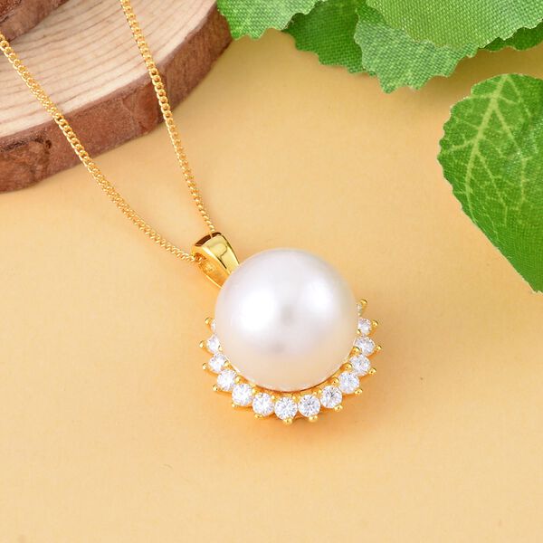 13-14 mm weiße Edison-Perle und Moissanit-Anhänger mit Kette, 45 cm - 0,96 ct. image number 3