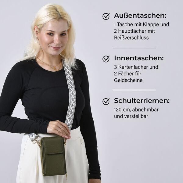 Crossbody-Handytasche mit RFID-Schutz und gemustertem Trageriemen, 19x6x11 cm, Grün image number 3