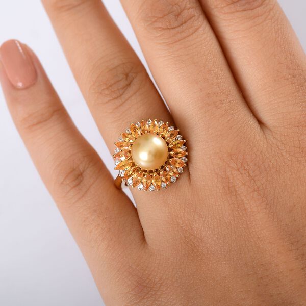 D'Joy AA Goldene S&uuml;dsee Perle (9-11 mm), Gelber Saphir Ring 925 Silber 750 Gelbgold Vermeil image number 3
