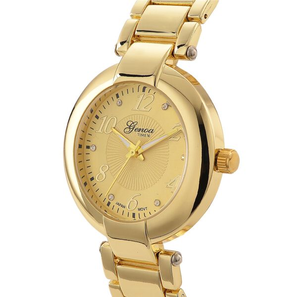 GENOA TIME V2 Uhr mit Japanischem Miyota 2035 Werk, Zifferblatt Goldfarben mit Prägemuster und Weißen Kristallen, Edelstahlarmband Goldfarben, 3 ATM wasserdicht image number 3