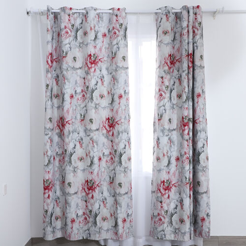 2er-Set - Verdunkelungvorhänge mit 8 Metallringen, Blumenmuster, Rot-Rosa und Weiß  image number 1