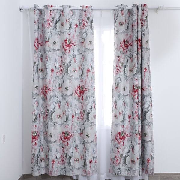 2er-Set - Verdunkelungvorh&auml;nge mit 8 Metallringen, Blumenmuster, Rot-Rosa und Wei&szlig;&nbsp; image number 1