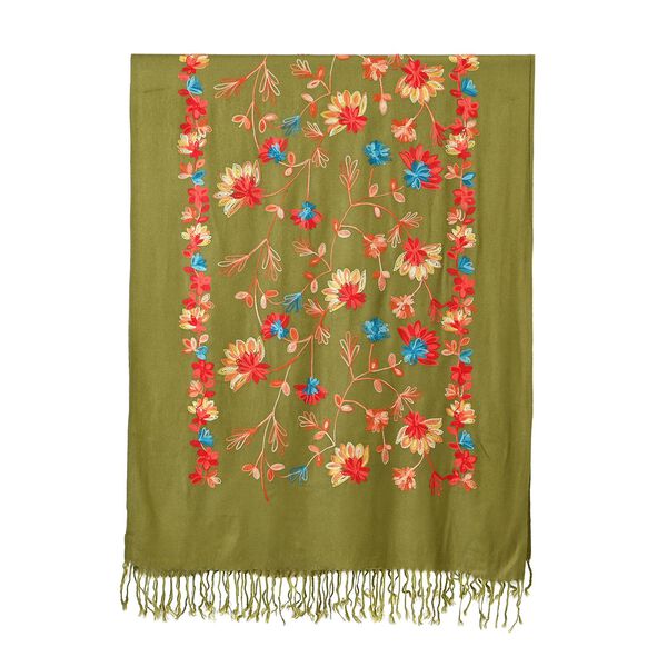 Bestickter Schal mit Fransen, Dunkelgrün image number 2