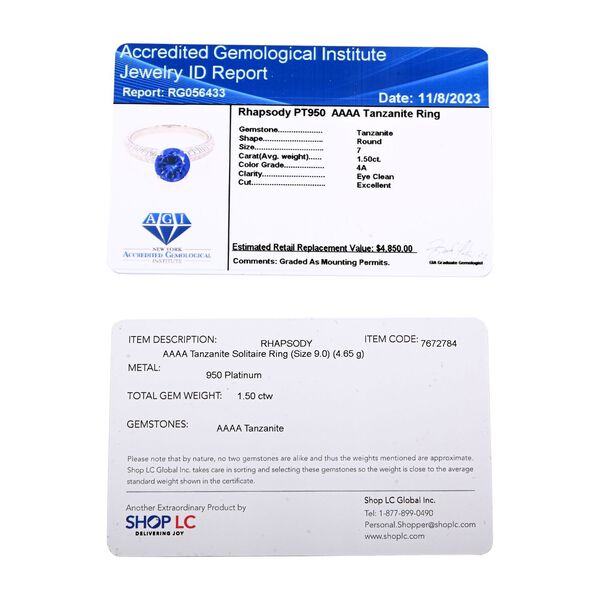 Rhapsody AAAA Tansanit Ring 950 Platin (Gr&ouml;&szlig;e 17.00) ca. 1,50 ct image number 6