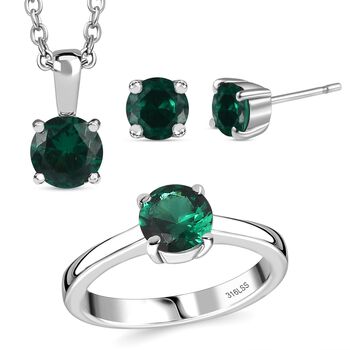 3er Set- Chromdiopsid Zirkonia Anh&auml;nger mit Kette, Ring und Ohrringe (Gr&ouml;&szlig;e 17.00), Edelstahl