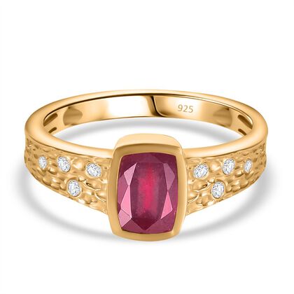 Afrikanischer Rubin (Fissure gef&uuml;llt), Wei&szlig;er Zirkon Ring 925 Silber 750 Gelbgold Vermeil (Gr&ouml;&szlig;e 21.00) ca. 1,45 ct