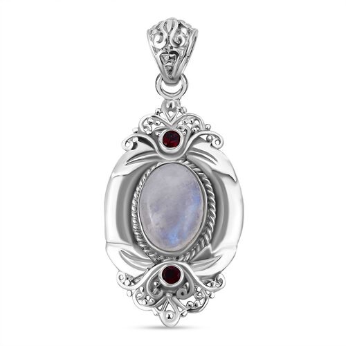 Royal Bali Kollektion - Regenbogen-Mondstein, roter Granat Anhänger, 925 Silber ca. 7.12 ct image number 0