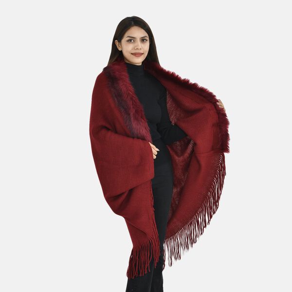 LA MAREY - luxuriöser Kunstpelz-Kimono mit Fransen, 114x109cm, rot image number 4