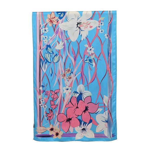 LA MAREY 100% Maulbeerseiden Schal, Blau und Blütenmuster image number 2