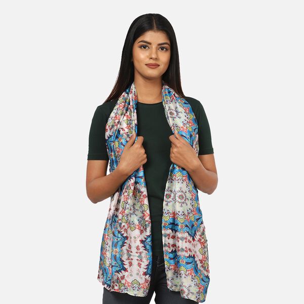 100% nat&uuml;rlicher Satin Seiden Schal, Mandala Muster, Blau image number 2