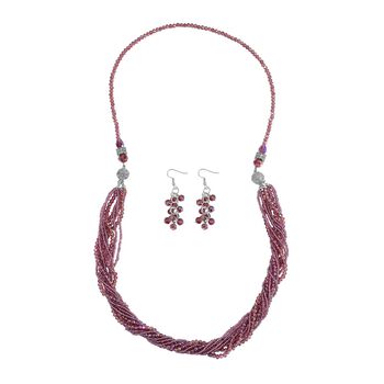 2er Set mehrschichtiger Halsketten und Ohrringe, Lila Kristallperlen und wei&szlig;e Kristalle