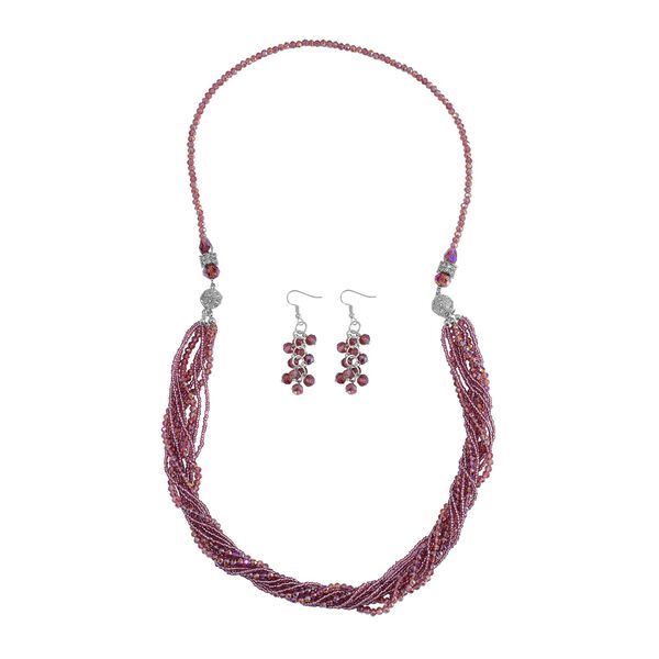 2er Set mehrschichtiger Halsketten und Ohrringe, Lila Kristallperlen und wei&szlig;e Kristalle