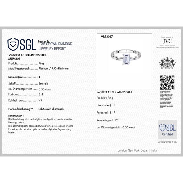 LUXURIANT SGL zertifizierter VS-EF Labor Smaragdschliff Diamant Ring in 950 Platin - 0,50 ct. image number 5