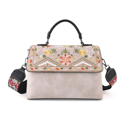 Florale Kunstprint Crossbody-Tasche mit gemustertem Schulterriemen, 29 x 11 x 21 cm, Offwhite