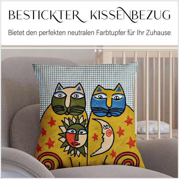 Besticktes Kissenbezug, Katzenpaar, Sonne und Mond image number 4