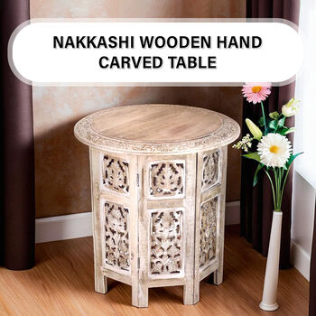 NAKKASHI - handgeschnitzter klappbarer Beistelltisch aus Mangoholz, 45x45x45 cm, wei&szlig;