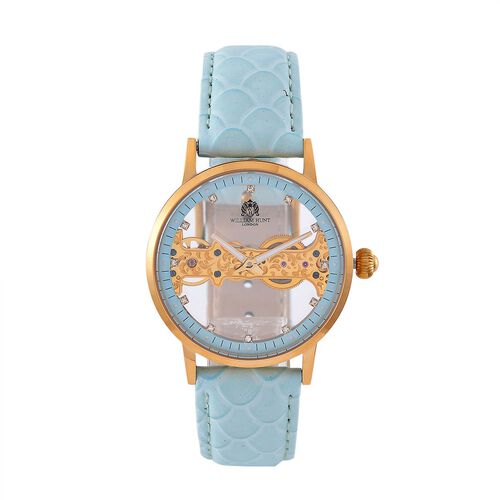 William Hunt Automatik-Uhr, Hohles Zifferblatt mit weißen Kristallen, Himmelblau Lederarmband, 5ATM wasserdicht image number 0