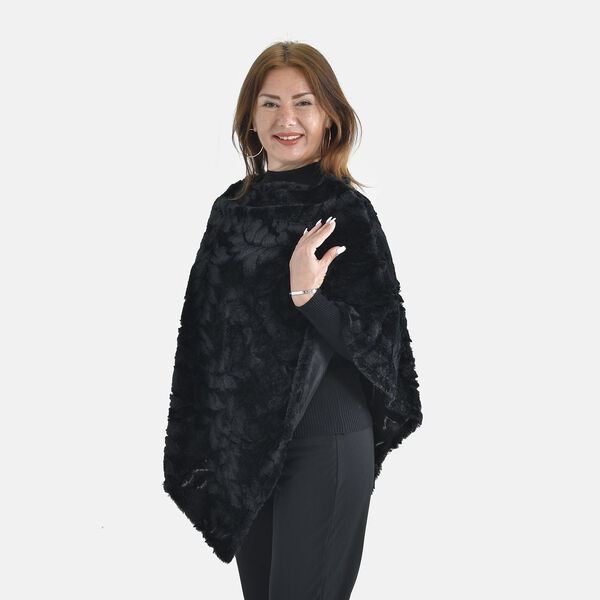 Kunstfell Poncho mit Blattmuster, Schwarz image number 3