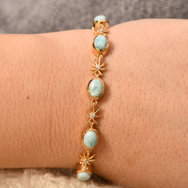 AA Nat&uuml;rlicher gr&uuml;ner Larimar, Wei&szlig;es Zirkon Armband, ca. 19 cm, 925 Silber 750 Gelbgold Vermeil ca. 8.22 ct image number 3
