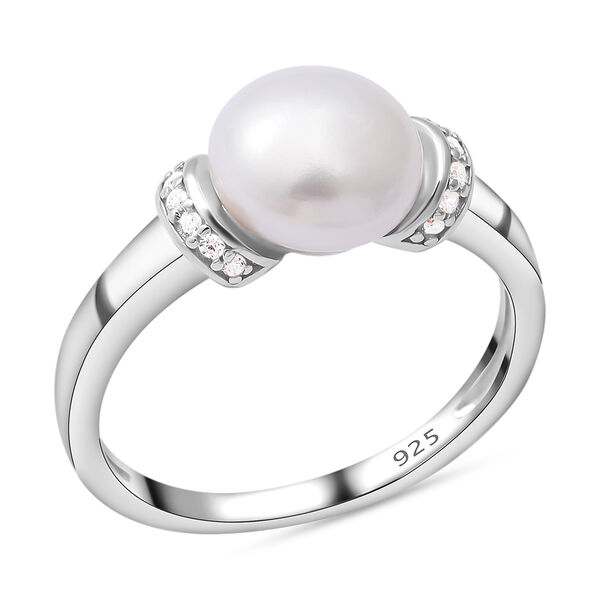 S&uuml;&szlig;wasserperlen und wei&szlig;er Zirkonia-Ring, 925 Silber rhodiniert  ca. 0,21 ct image number 3