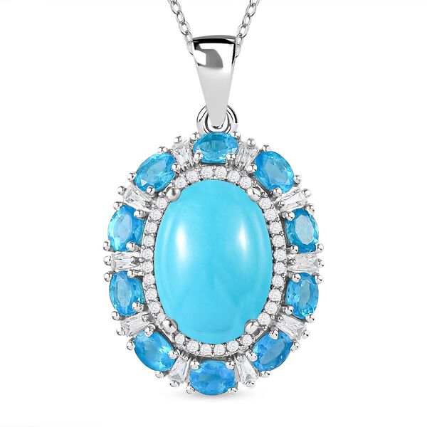 Amerikanischer, nat&uuml;rlicher Sleeping Beauty T&uuml;rkis, Neon Apatit und Zirkon-Anh&auml;nger mit Kette, 50 cm - 8,20 ct.