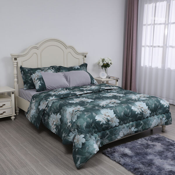 SERENITY NIGHT: 3er-Set - Bettdecke und 2 Kissenbez&uuml;ge, Blumenmuster, Dunkelgr&uuml;n-Schwarz und Wei&szlig;&nbsp;