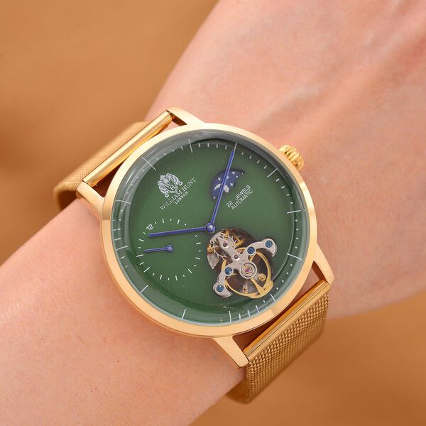 William Hunt Automatik-Uhr - IP-schwarzbeschichtetes Edelstahlgehäuse, grünes Multifunktionszifferblatt mit gewölbtem Glas, Edelstahl-Mesh-Armband, Glasboden, 5 ATM wasserdicht, Reiner Edelstahl image number 2