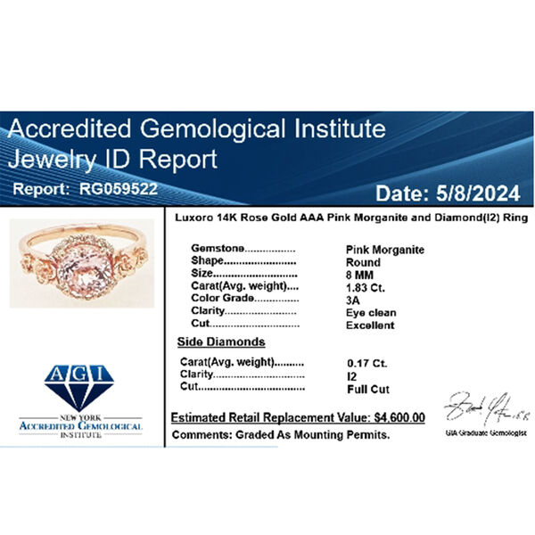 LUXORO zertifiziert und gepr&uuml;ft AAA Rosa Morganit und Diamant Ring in 585 Ros&eacute;gold - 1,90 ct. image number 8
