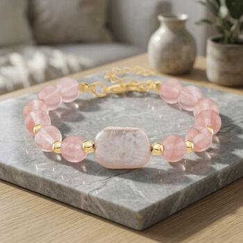 Kirsche Quarz, Wei&szlig;e Keshi Perle Armband, ca. 18cm mit 5cm extender, Reine Legierung goldfarben