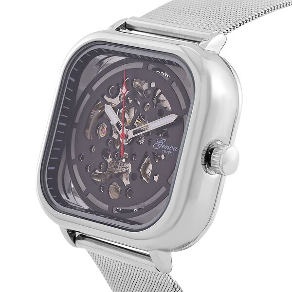 GENOA TIME V2 42mm Automatische Mechanikuhr - Schwarzes hohles Zifferblatt, Gehäuse aus Legierung mit IPS-Beschichtung, Edelstahl-Mesh-Armband,  3 ATM wasserdicht, Reiner Edelstahl 8.5 cm image number 4