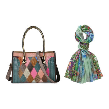 Chaos By Elsie - Mattes Krokodil-Muster Echtleder Crossbody Tasche und LA MAREY Schal aus 100 % Maulbeerseide