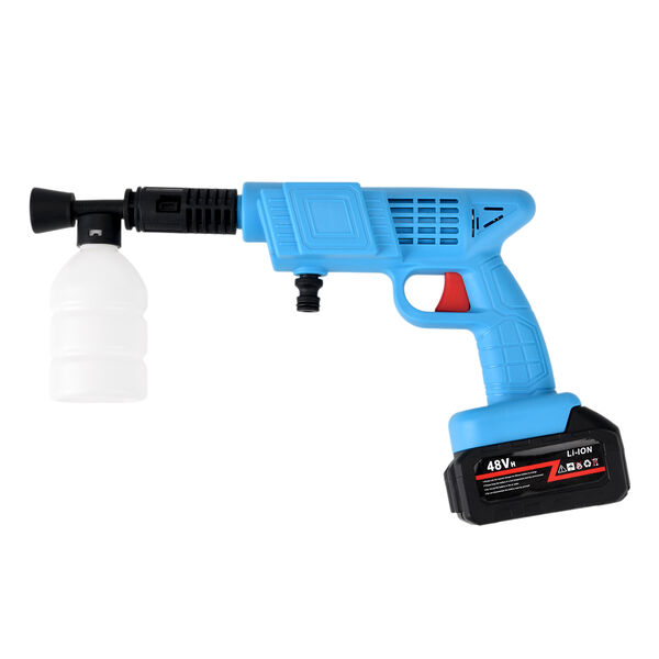 "Battery capacity: 6000 mAh*2pcs Charging time: 2 hours Use time: 15 minutes Motor power: 260 watts Accessories: 1 charger; 1 filter screen; 1 water bottle connector; 1 foam pot; 2 battery; 2 nozzles 1 pipe connector; 1 extended aluminum pipe; 1 5m water image number 7
