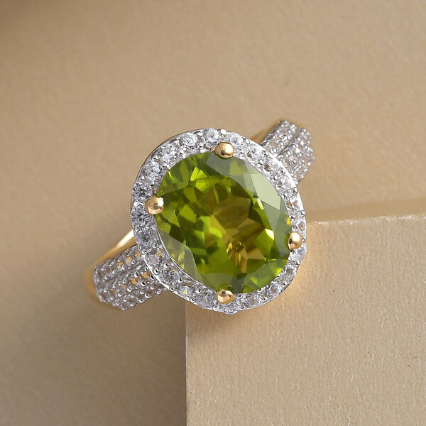 Nat&uuml;rlicher Peridot und wei&szlig;er Zirkon-Ring, 925 Silber Gelbgold Vermeil  ca. 4,21 ct image number 2