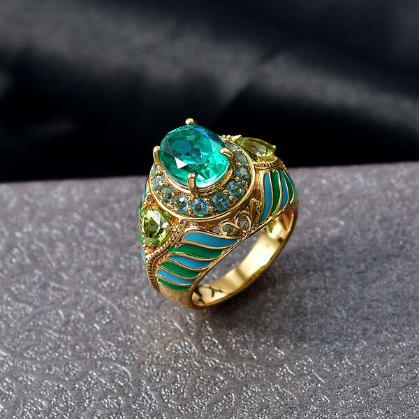 EverTrue Pfau Triplett Quarz, Peridot und blauer Apatit emaillierter Ring - 4,59 ct. image number 1