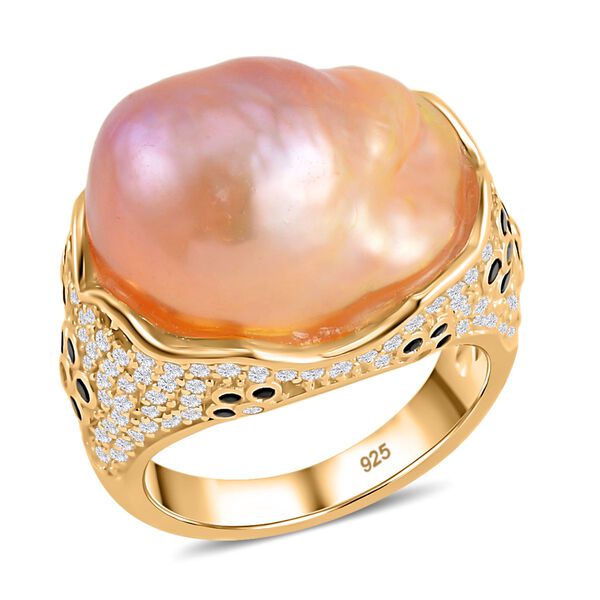 Rosa S&uuml;&szlig;wasserperle, schwarzer Spinell und Zirkon-Ring- 25 ct.