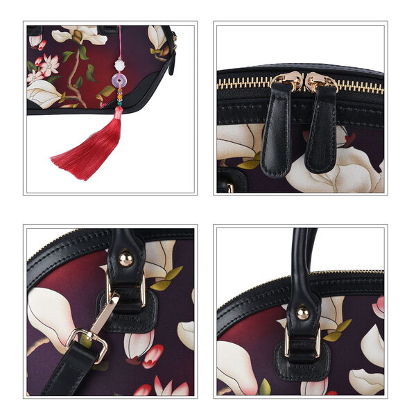 Seidenbrokat Tasche aus 100% Leder mit natürlicher Jade Quaste, Größe 35x23x13 cm, Schwarz image number 6