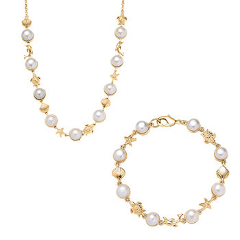 EverTrue S&uuml;&szlig;wasserperle 50cm Halskette und 19cm Armband in Goldton
