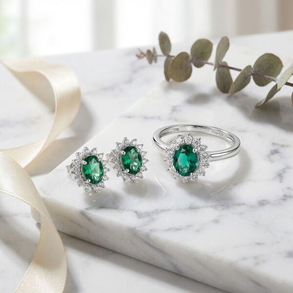 LUXURIANT AAA Labor kolumbianischer Smaragd und Moissanit Ring und Ohrringe image number 2